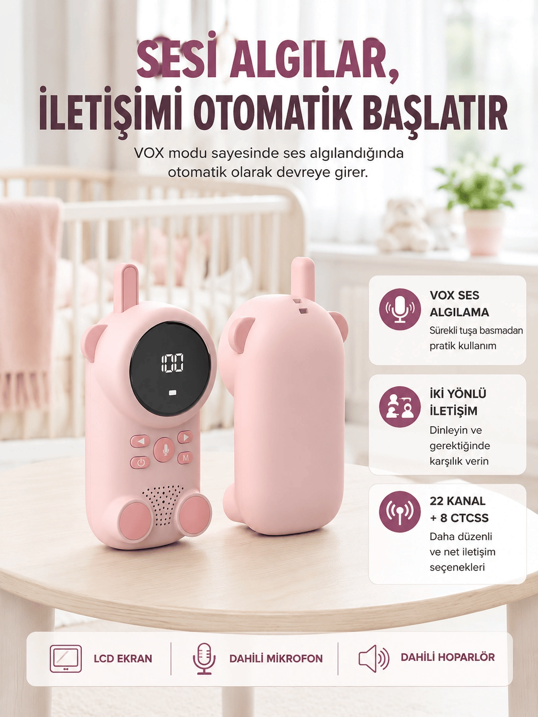 Uzun Menzilli Bebek Telsizi 1-3 Km Çekim 22 Kanal LCD Ekran VOX Şarjlı