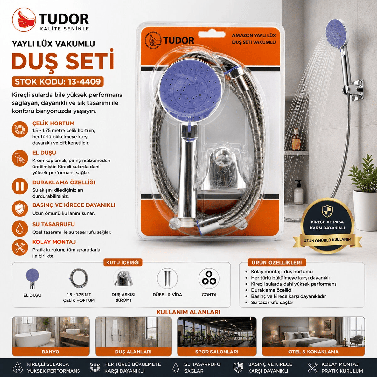 Vakumlu - Krom Lüks Duş Seti Metal Yaylı Hortum=150cm Mafsal Bx40