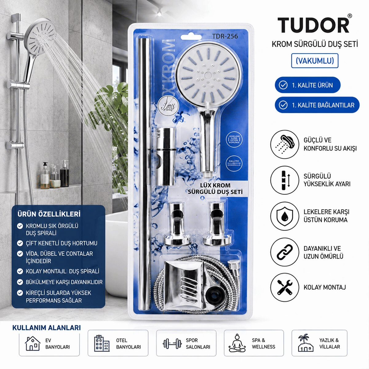 Vakumlu - Krom Lux Sürgülü Duş Seti Bx40