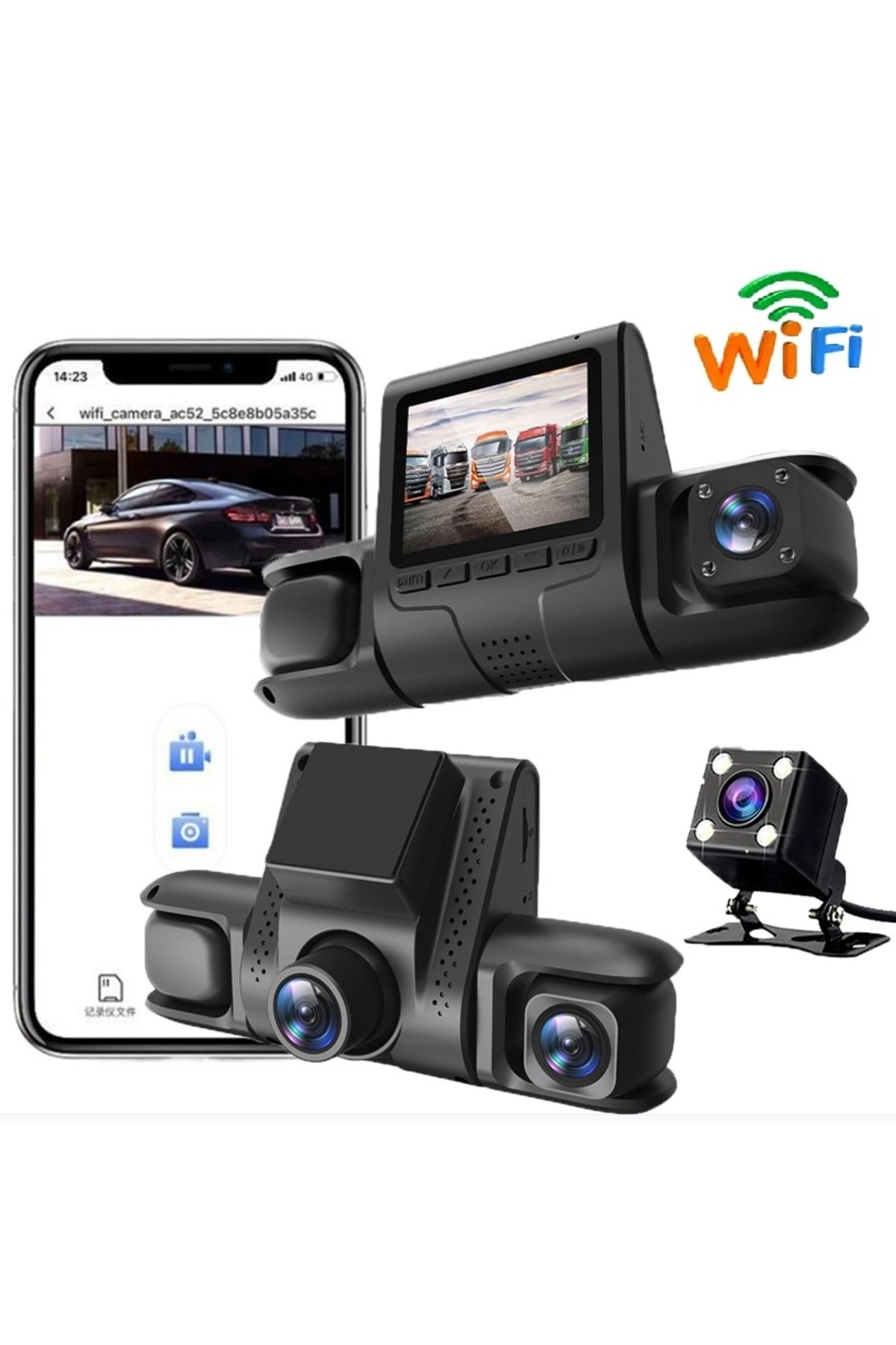 Wi-Fi Bağlantılı 1080P HD 4 Kameralı Araç İçi Kayıt Sistemi, 2.4 İnç Ekran ve Gece Görüş Özellikli