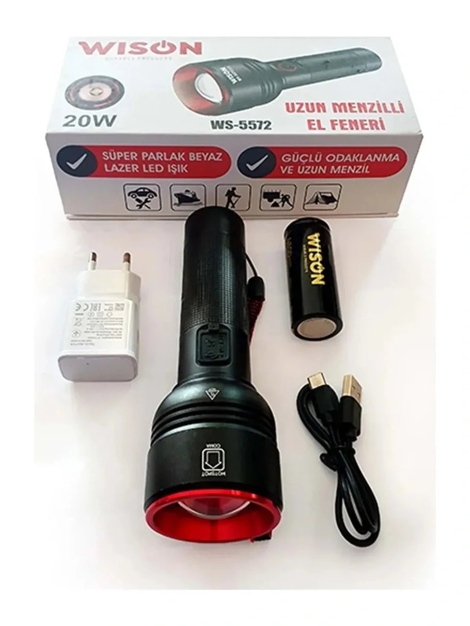 Wıson Ws-5572 20w Uzun Menzilli Şarjlı Metal El Feneri Bx40