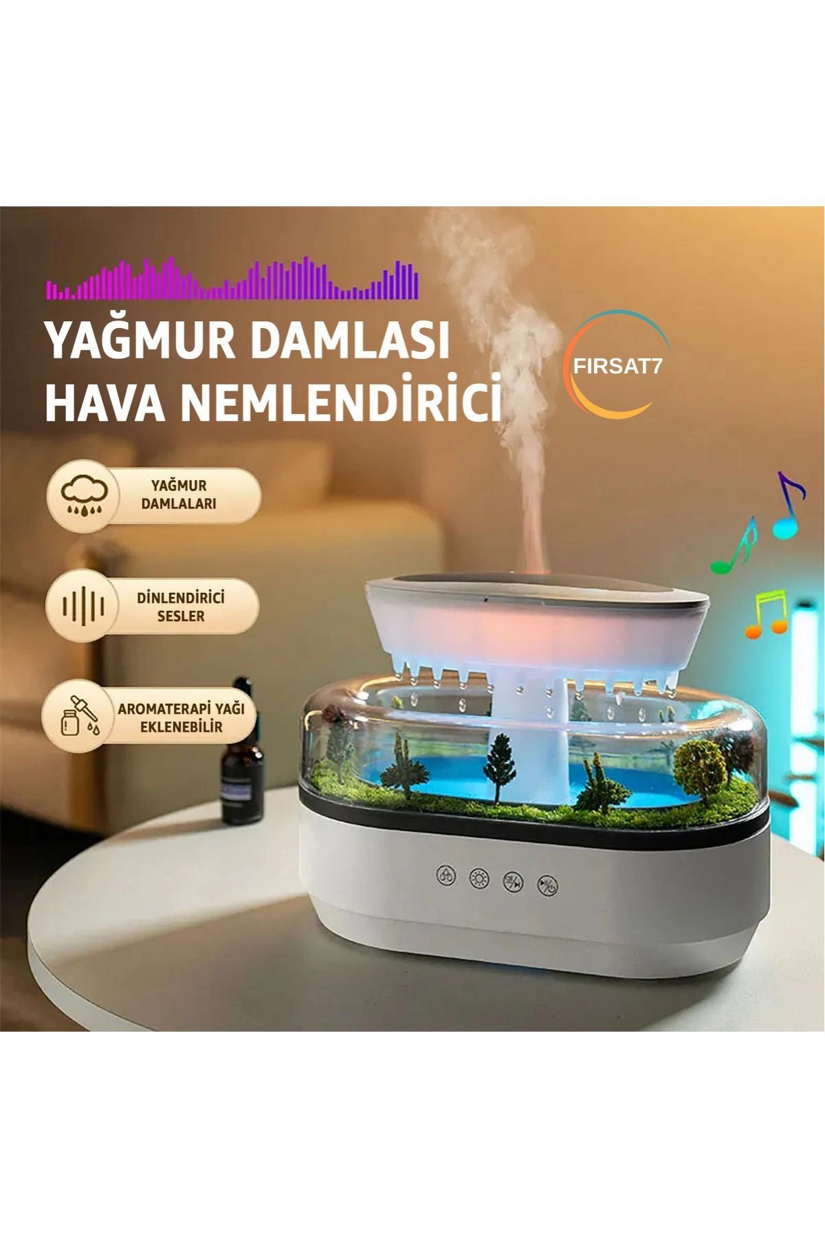 Yağmur Damlası Tasarımlı Hava Nemlendirici ve Aromaterapi Difüzörü, 7 Renk RGB Işık