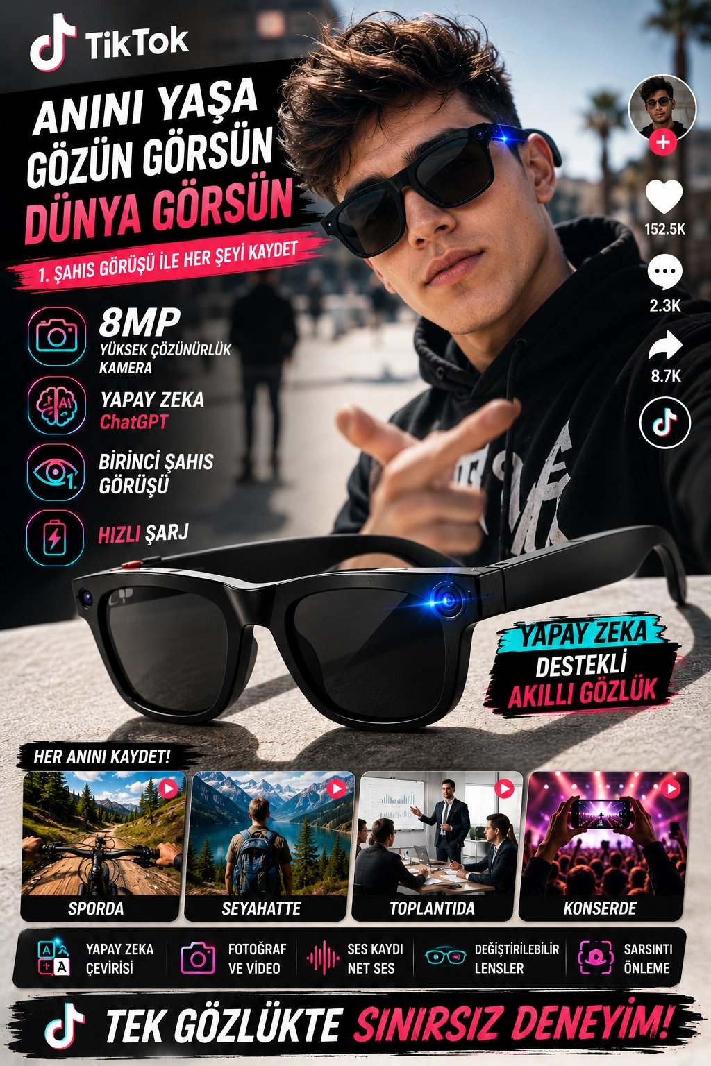 Yapay Zeka Asistanlı 8MP Kameralı Akıllı Gözlük ChatGPT Destekli Fotoğraf ve Video Kayıtlı