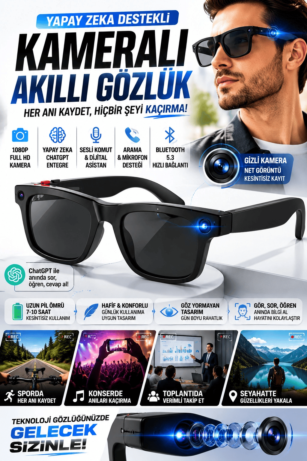 Yapay Zeka Destekli Kameralı Akıllı Gözlük 8MP Kamera ChatGPT Çeviri Ses Kayıt Özellikli