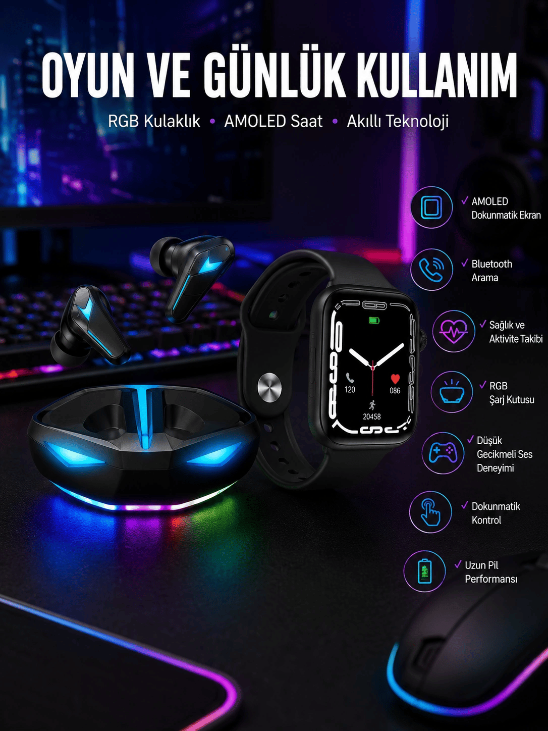Yeni Nesil Akıllı Saat ve Kablosuz Kulaklık Kampanyası İkili Set Bluetooth Bağlantılı
