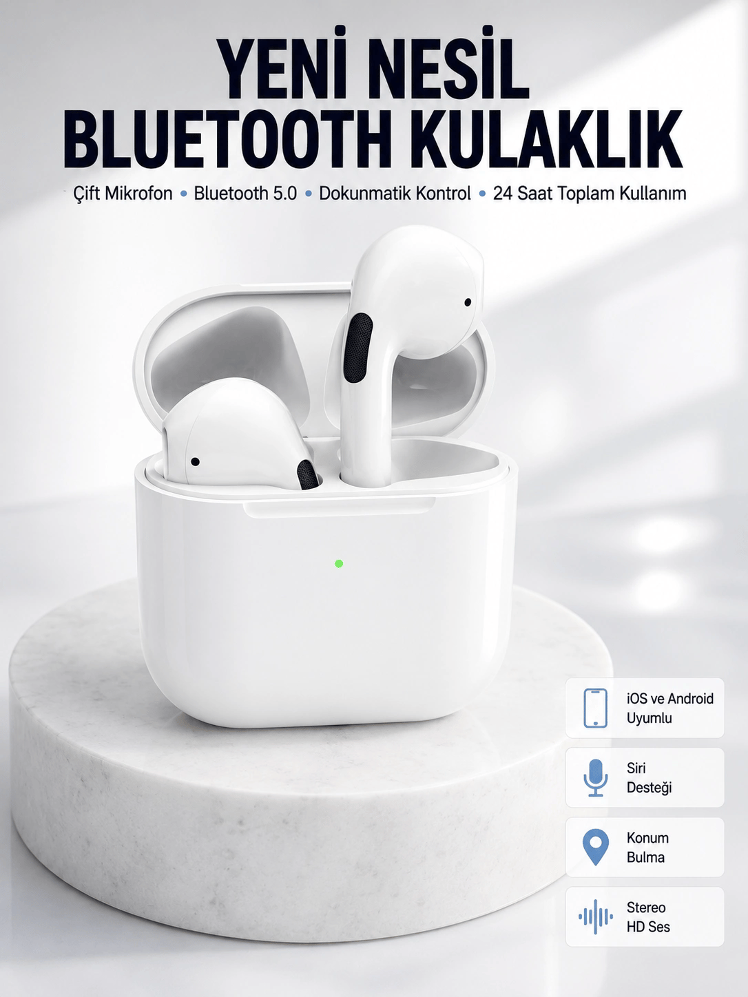 Yeni Nesil Bluetooth Kulaklık Beyaz Çağrı Cevaplayabilen Kablosuz