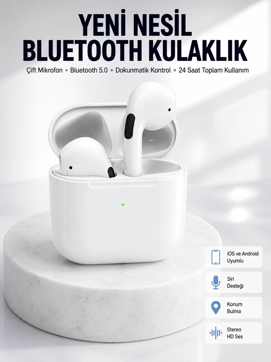 Yeni Nesil Bluetooth Kulaklık Beyaz Çağrı Cevaplayabilen Kablosuz