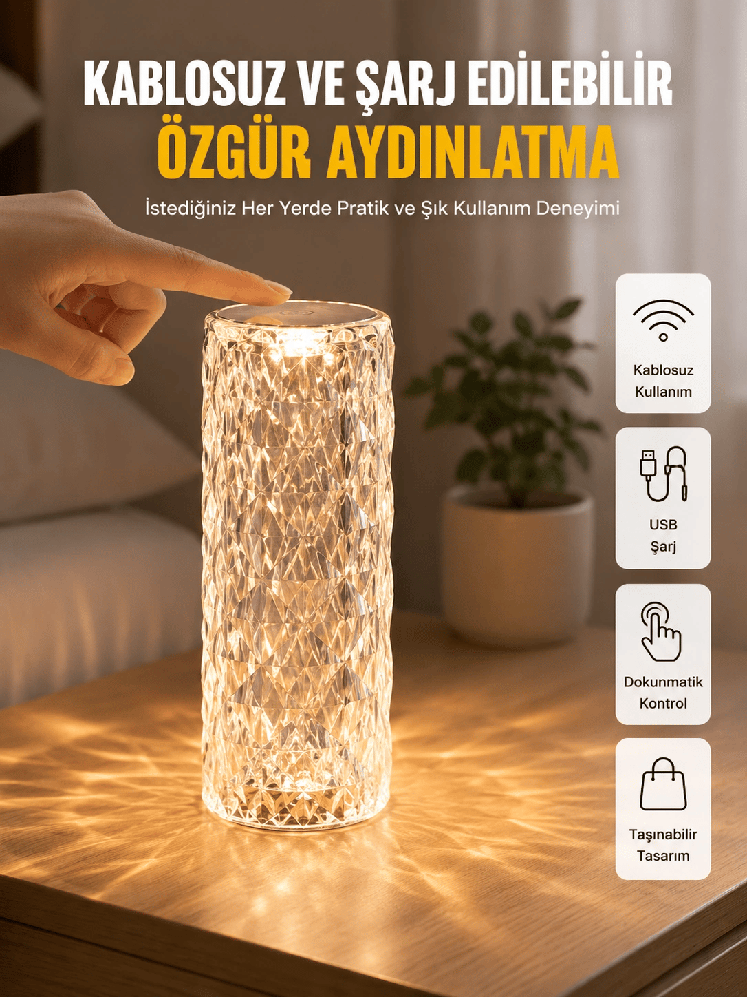 Yeni Nesil Modern Kristal Masa ve Gece Lambası Dokunmatik Renk Değiştirebilen