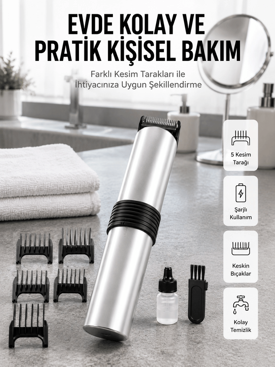 Yeni Nesil Profesyonel Şarjlı Saç Sakal Tıraş Makinesi Ayarlanabilir 4 Taraklı