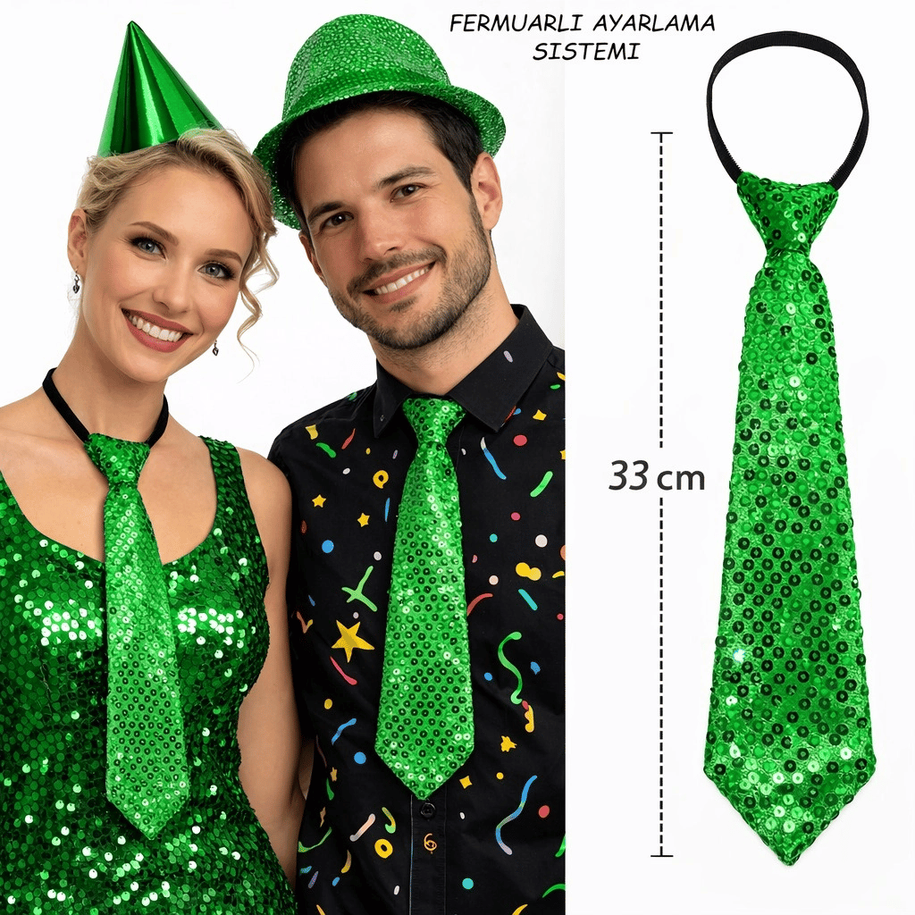 Yeşil Renk Pul Payetli Işıltılı Parti Kravatı 33 Cm Bx40
