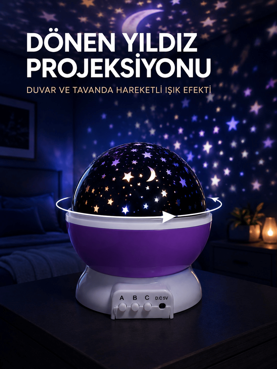 Yıldız Projeksiyon Lambası Döner Başlıklı Renkli Çocuk Odası Gece Işığı