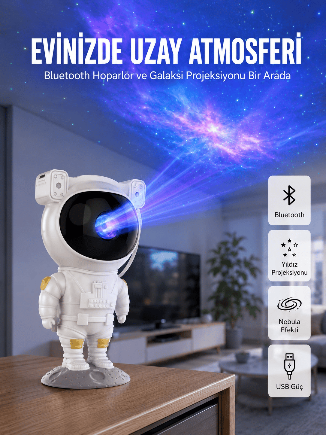 Yıldız ve Ay Efektli Uzaktan Kumandalı Projeksiyon Lamba