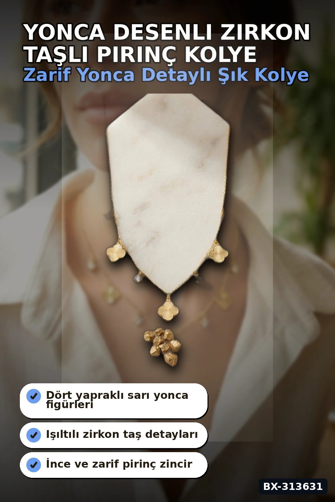 Yonca Desenli Zirkon Taşlı 45 Cm Pirinç Bijuteri Kolye - Günlük Kullanıma Uygun BX-313631
