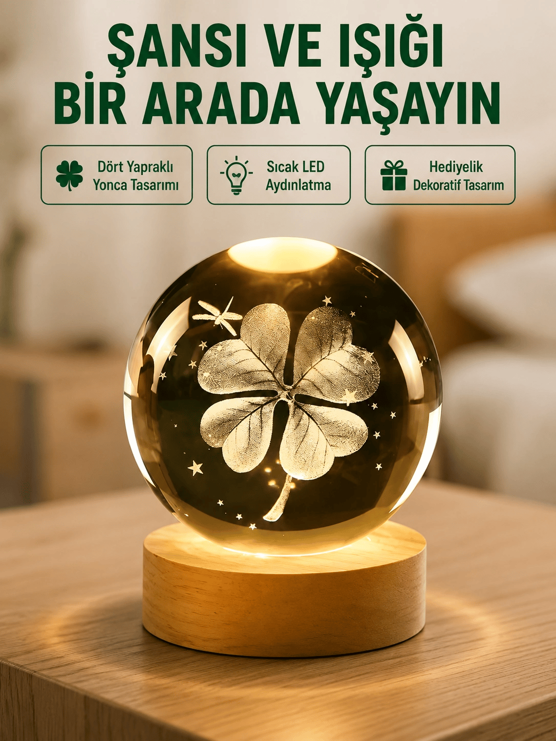 Yonca Figürlü Cam Küre USB Işıklı Ahşap Tabanlı Dekoratif Masa Lambası