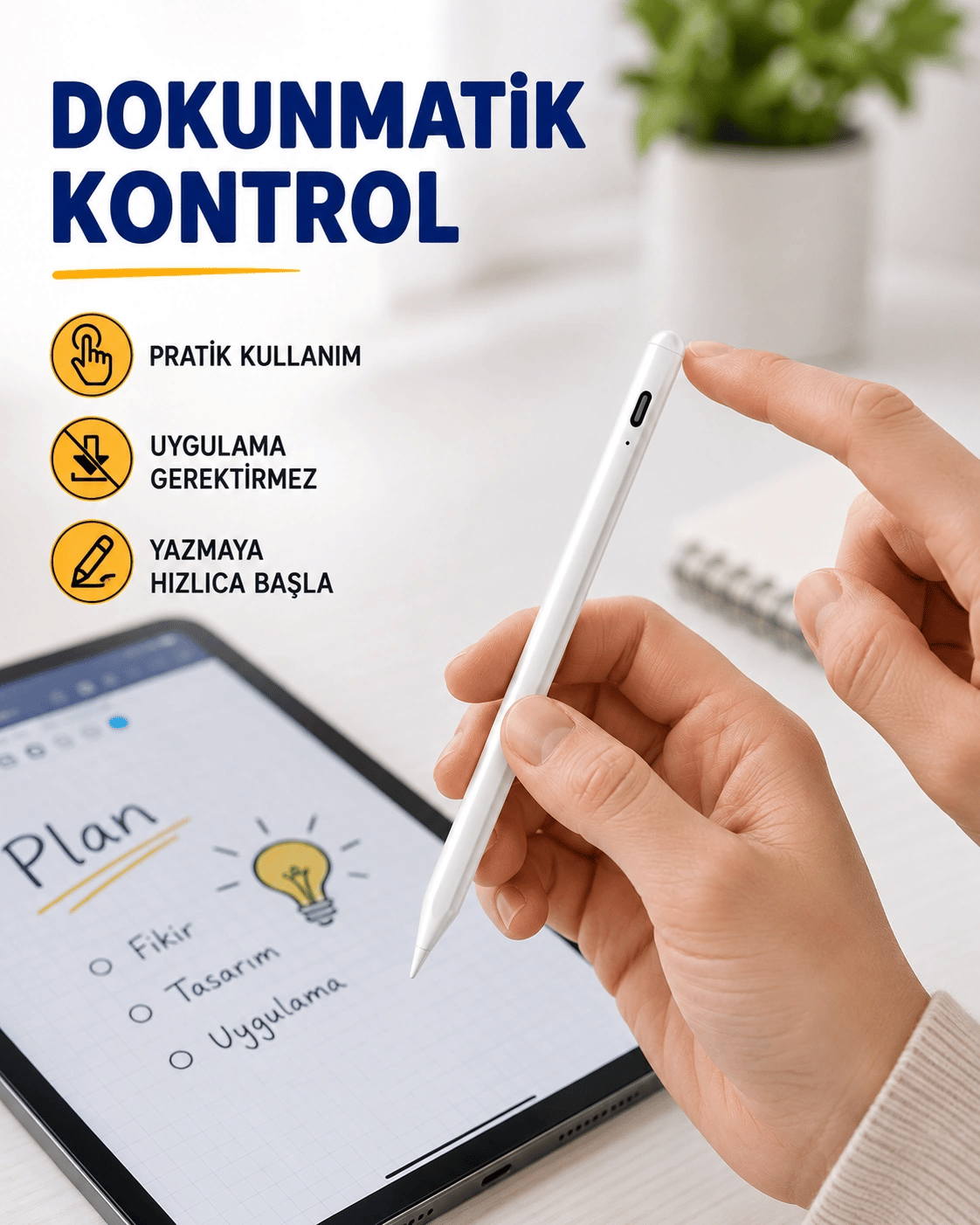 Yüksek Hassasiyetli Eğim Sensörlü Dijital Kalem – USB-C Hızlı Şarjlı Yeni Nesil