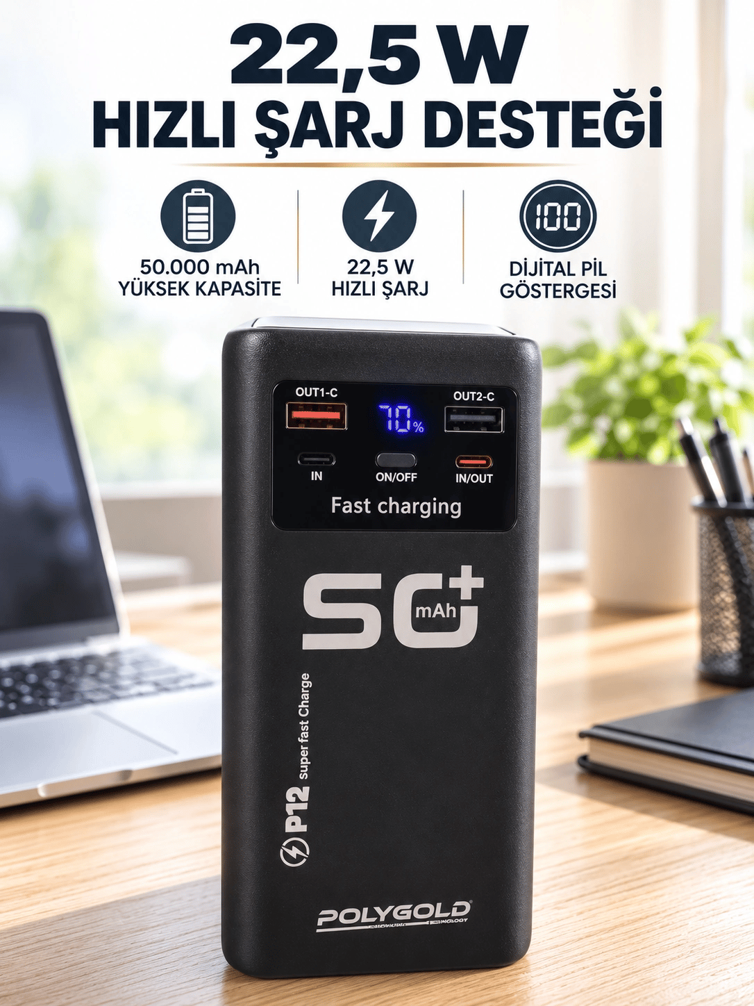Yüksek Kapasiteli 50.000 mAh Powerbank 22,5 W Hızlı Şarj 4 Dahili Kablo LED Aydınlatma