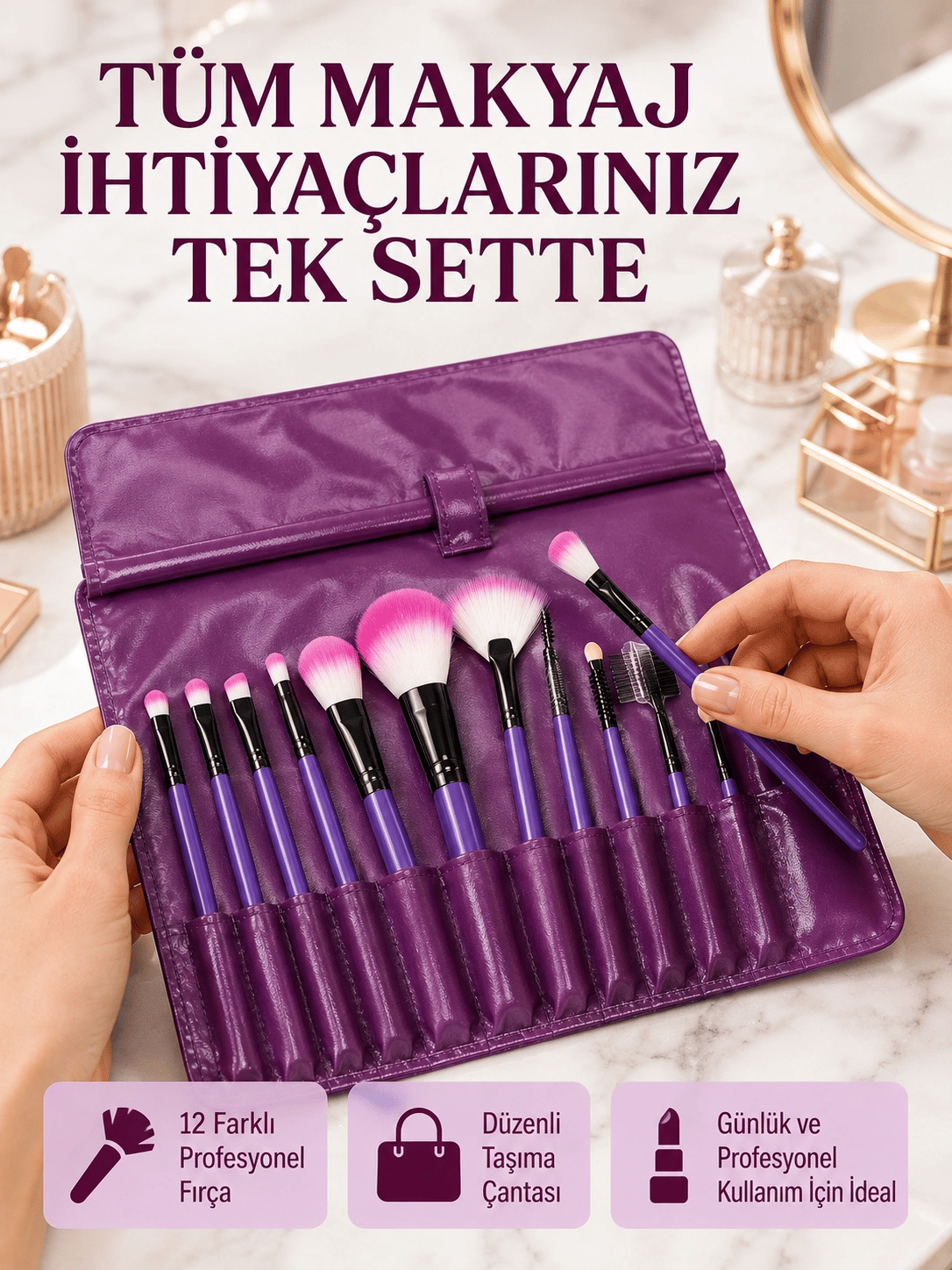 Yumuşak Fiber Kıllardan Oluşan 12'li Makyaj Fırçası Seti Göz Farı Allık ve Kontür İçin