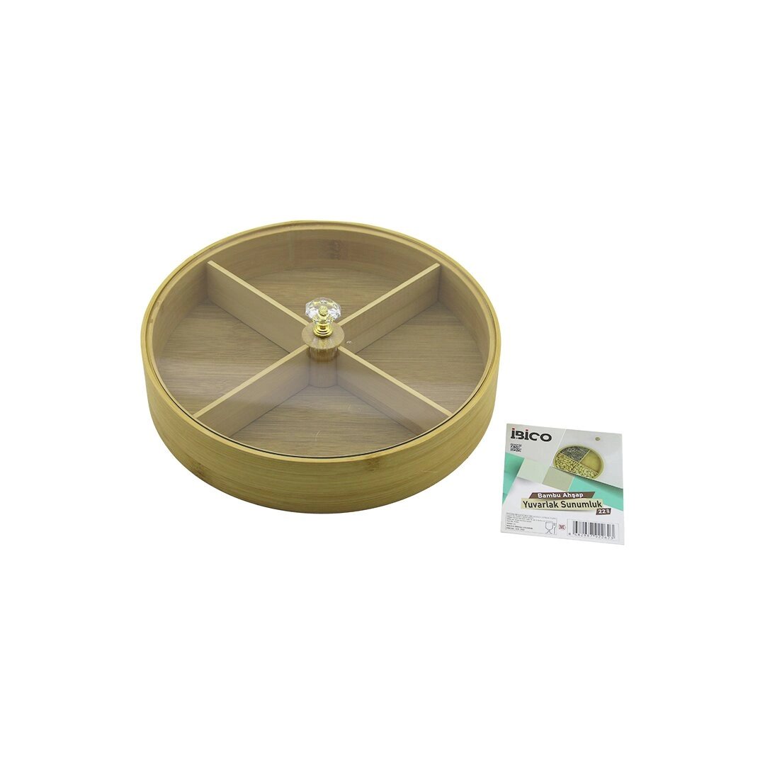 Yuvarlak 4 Bölmeli=2ın1=bölmesiz Çok Amaçlı Kutu Ahşap Bambu Servis Sunum Tepsi - Tahtası 22cm Bx40