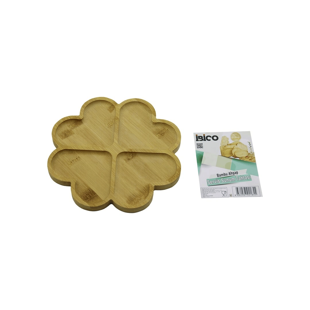 Yuvarlak 4 Kalp Bölmeli Ahşap Bambu Servis Sunum Tepsi - Tahtası 21 X 1.4cm Bx40