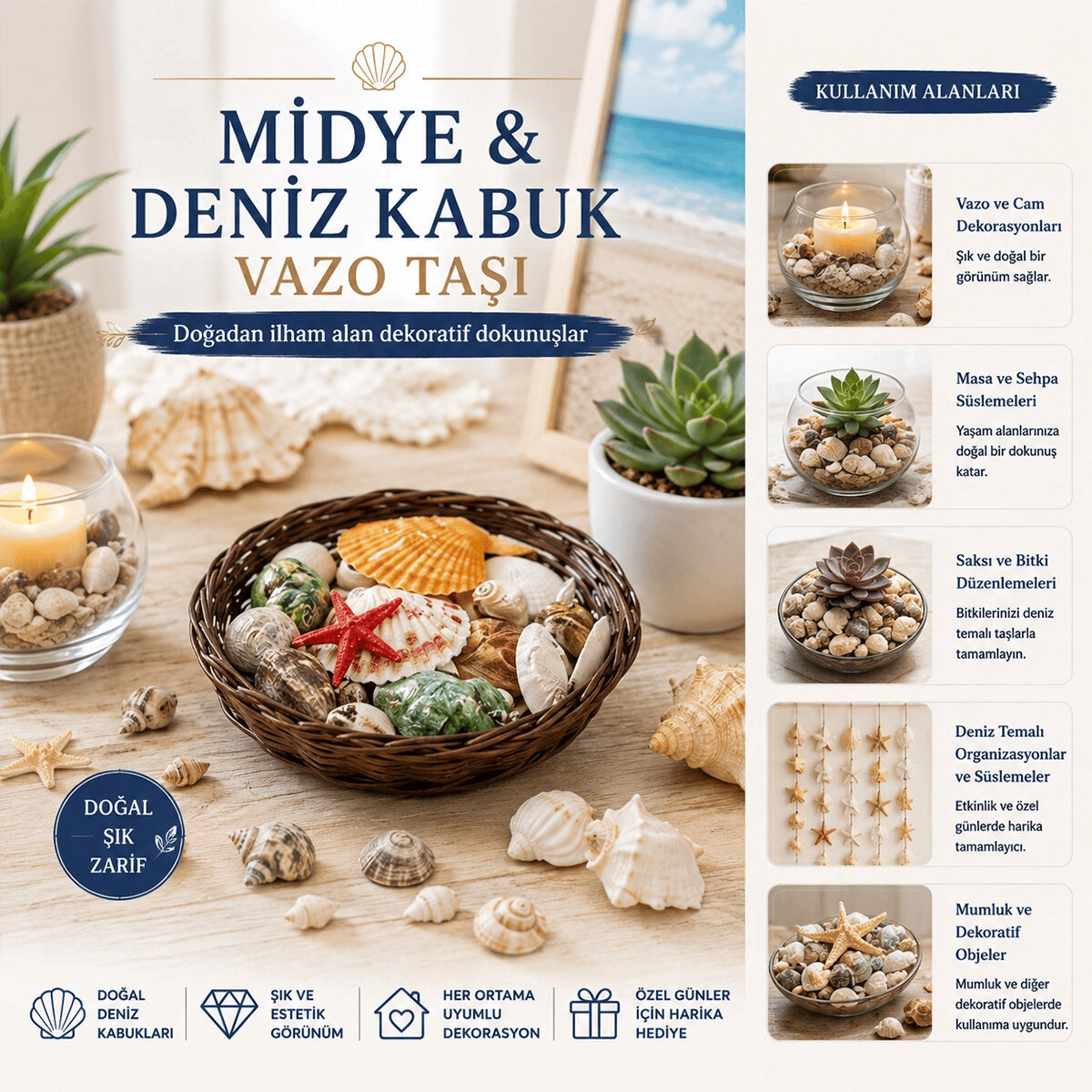Yuvarlak Ahşap Sepet Renkli Mix Midye - Deniz Kabuk Vazo Taşı Bx40