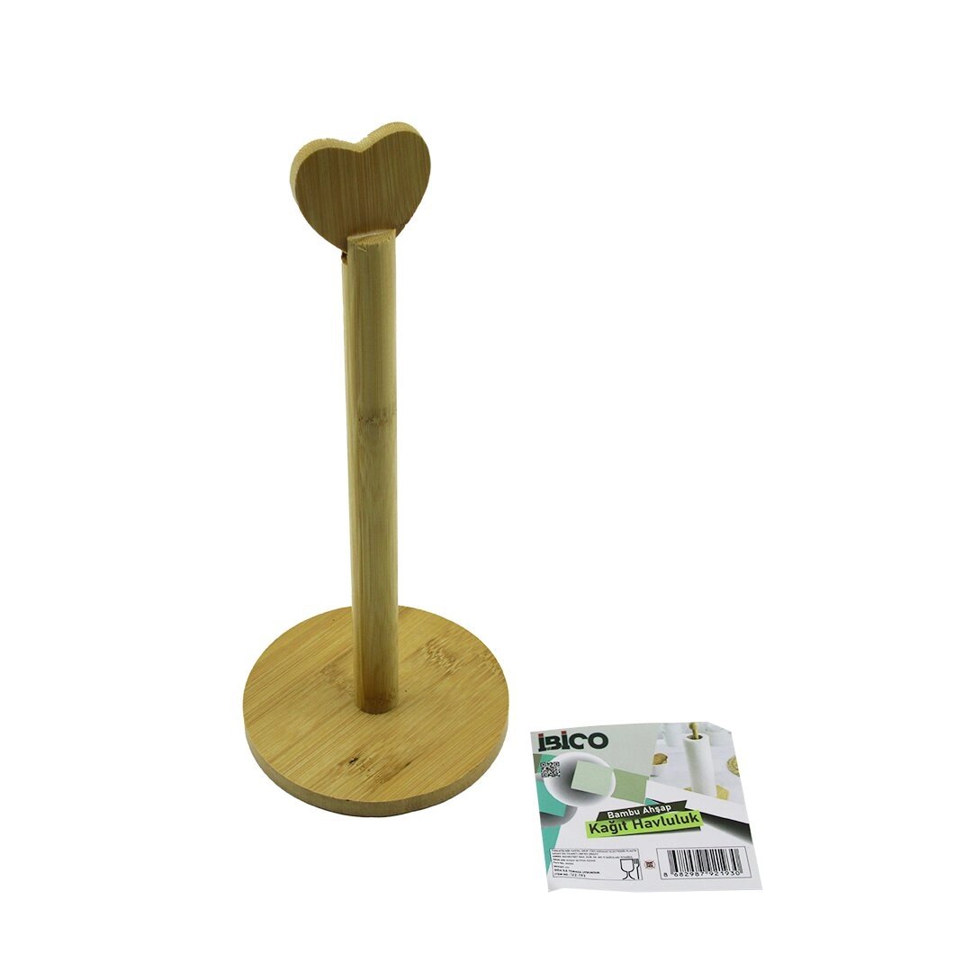 Yuvarlak Altlık - Çap=12cm Ahşap Bambu Kağıt Havluluk Kalp Başlı Sap=28.5cm Bx40
