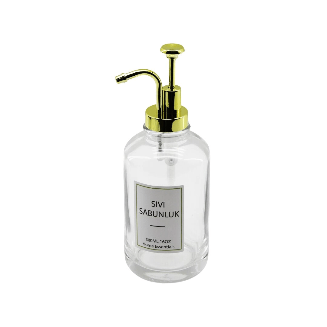 Yuvarlak Cam Şişe - Şeffafsıvı Sabunluk 500ml Pompa - Musluk Ayrık Model Başlı Bx40