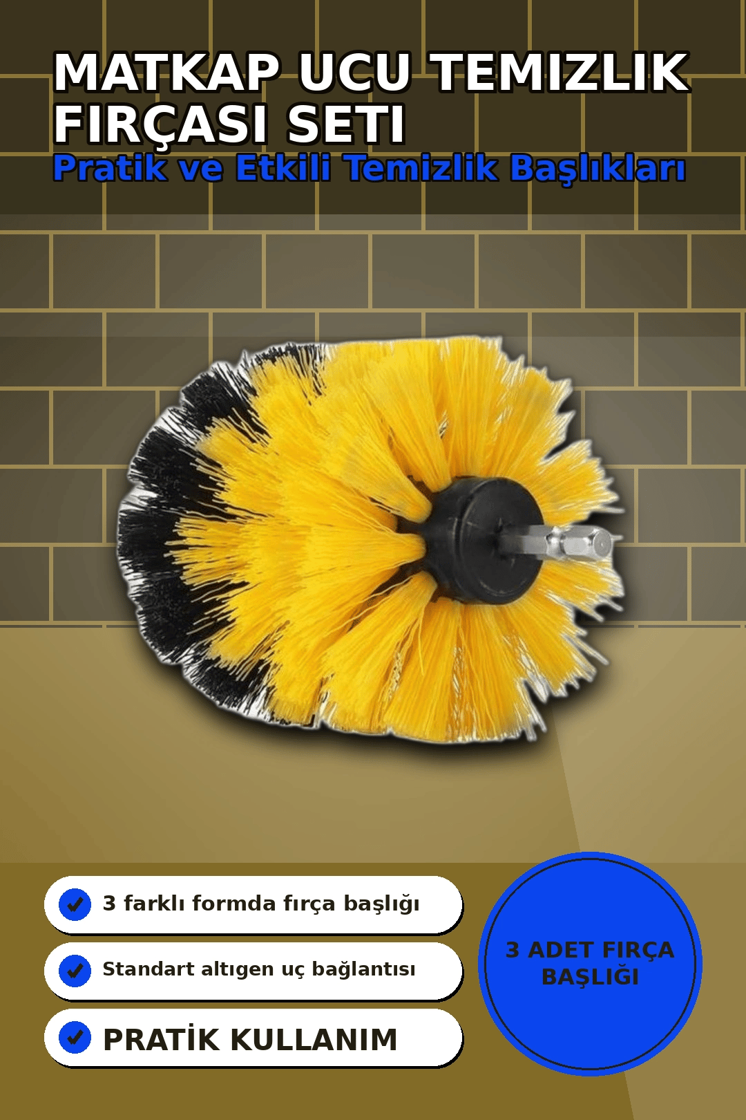 Yuvarlak Kafalı 3 Parça Matkap Temizlik Fırçası Seti Banyo Mutfak Araba Koltuk BX-313450