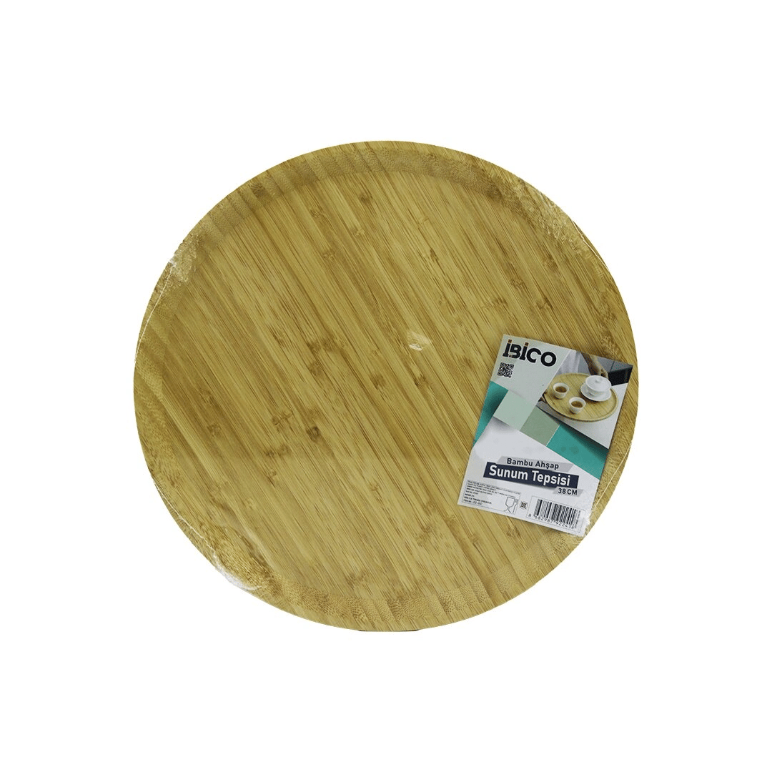 Yuvarlak=38cm Ahşap Bambu Servis Sunum Tepsi - Tahtası Bx40