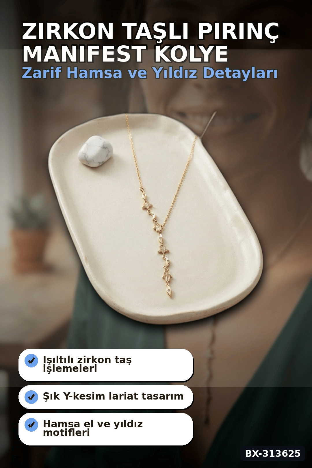 Zirkon Taşlı 45 Cm Pirinç Gold Manifest Model Kolye - Kadın Takı Aksesuar BX-313625