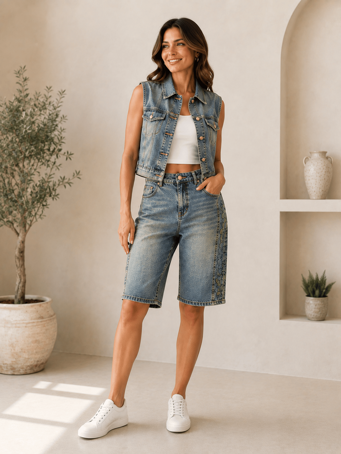 Çiçek Nakışlı Denim İkili Takım