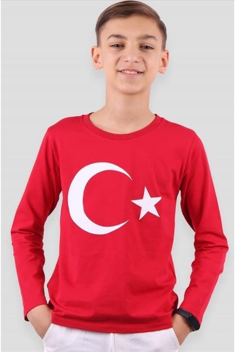 23 Nisan Ay Yıldızlı Uzun Kollu Kırmızı Penye Tişort Okul Gösteri Tören (4-16) Yaş