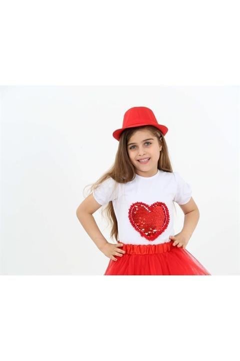 Kırmızı Pullu Kalpli Kız Çocuk T-shirt 23 Nisan 29 Ekim 10 Kasım 19 Mayıs Gösteri Kıyafetleri
