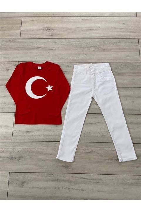 Kırmızı Türk Bayrağı Uzun Kol Tişört Beyaz Pantolon Alt Üst Takım