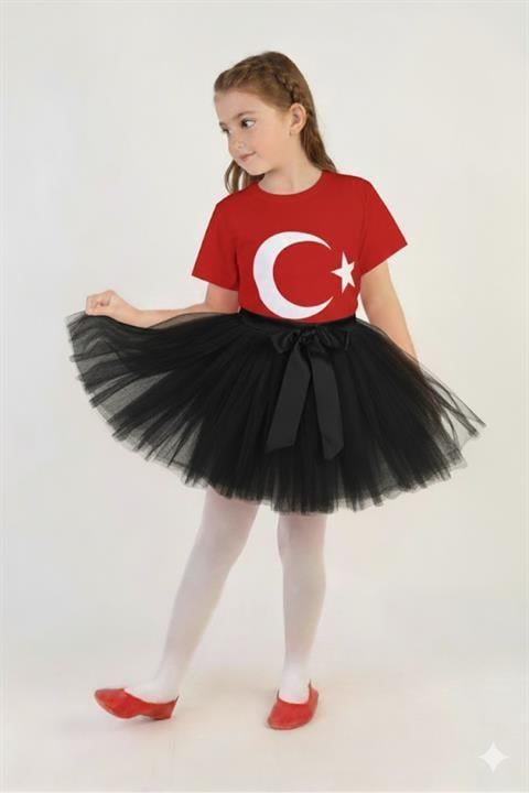 Kız Çocuk Kısa Kol Türk Bayrak Baskılı T-shirt&Etek 2li Kombin 29 Ekim Gösteri Kıyafeti