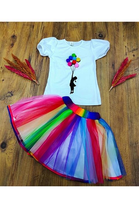 Kız Çocuk Tshirt Etek Gösteri Kıyafeti Kutlama Gökkuşağı