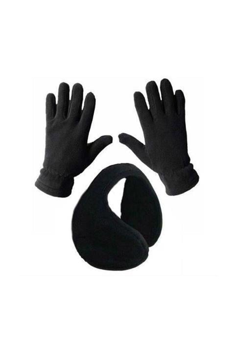 Unisex Siyah Polar Takım Eldiven Kulaklık Takım Polar Eldiven Polar Kulaklık