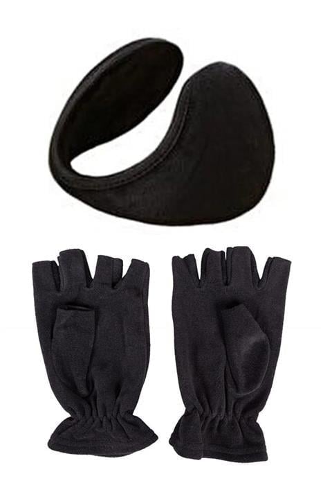 Unisex Siyah Polar Takım Kesik Parmak Eldiven Kulaklık Takım Polar Eldiven Polar Kulaklık