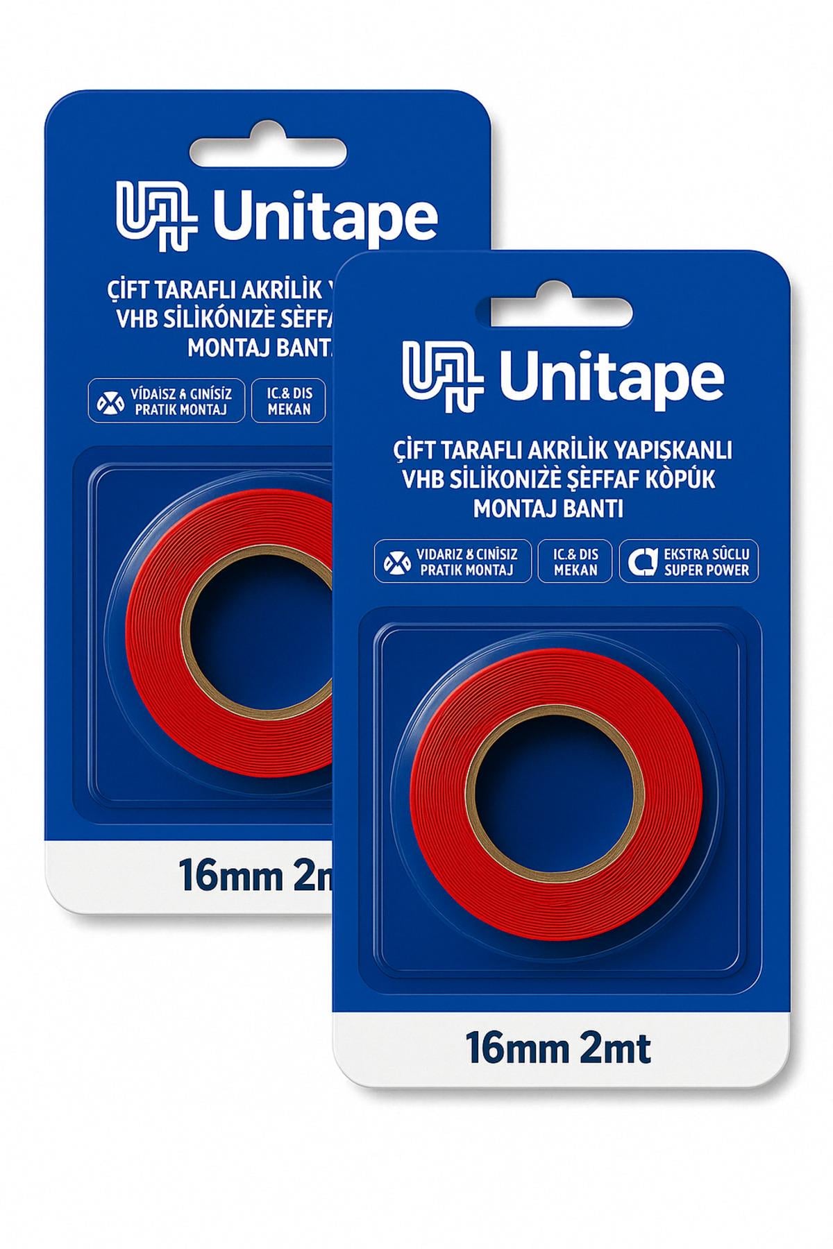 UniTape Çift Taraflı Yapışkanlı Silikon Montaj Bantı 2'li Avantaj Paketi 16mm2mt Şeffaf