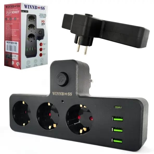 Winnboss 2.1A 4*USB Termal Akım Korumalı Makaralı 3lü Priz 3397