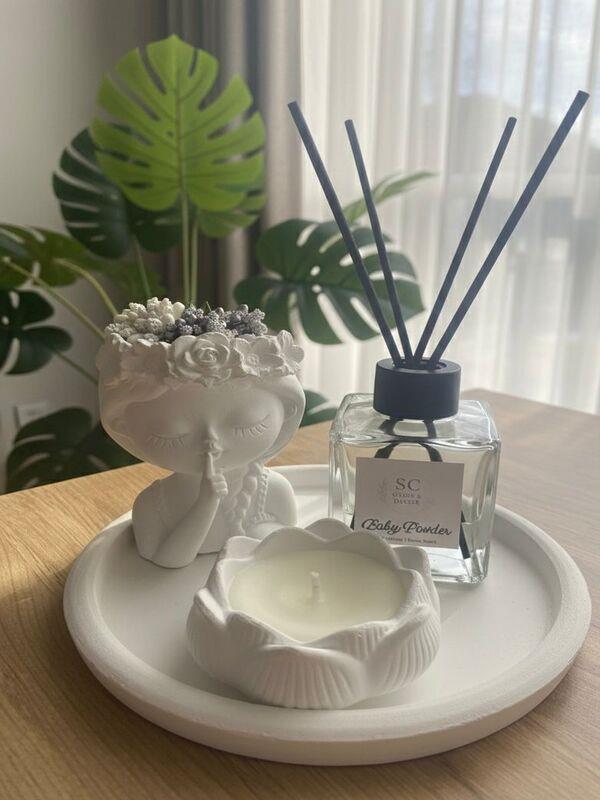 4lü set Çiçek kız-Tepsi-100ml Baby Powder Oda Kokusu- Lotus Mum
