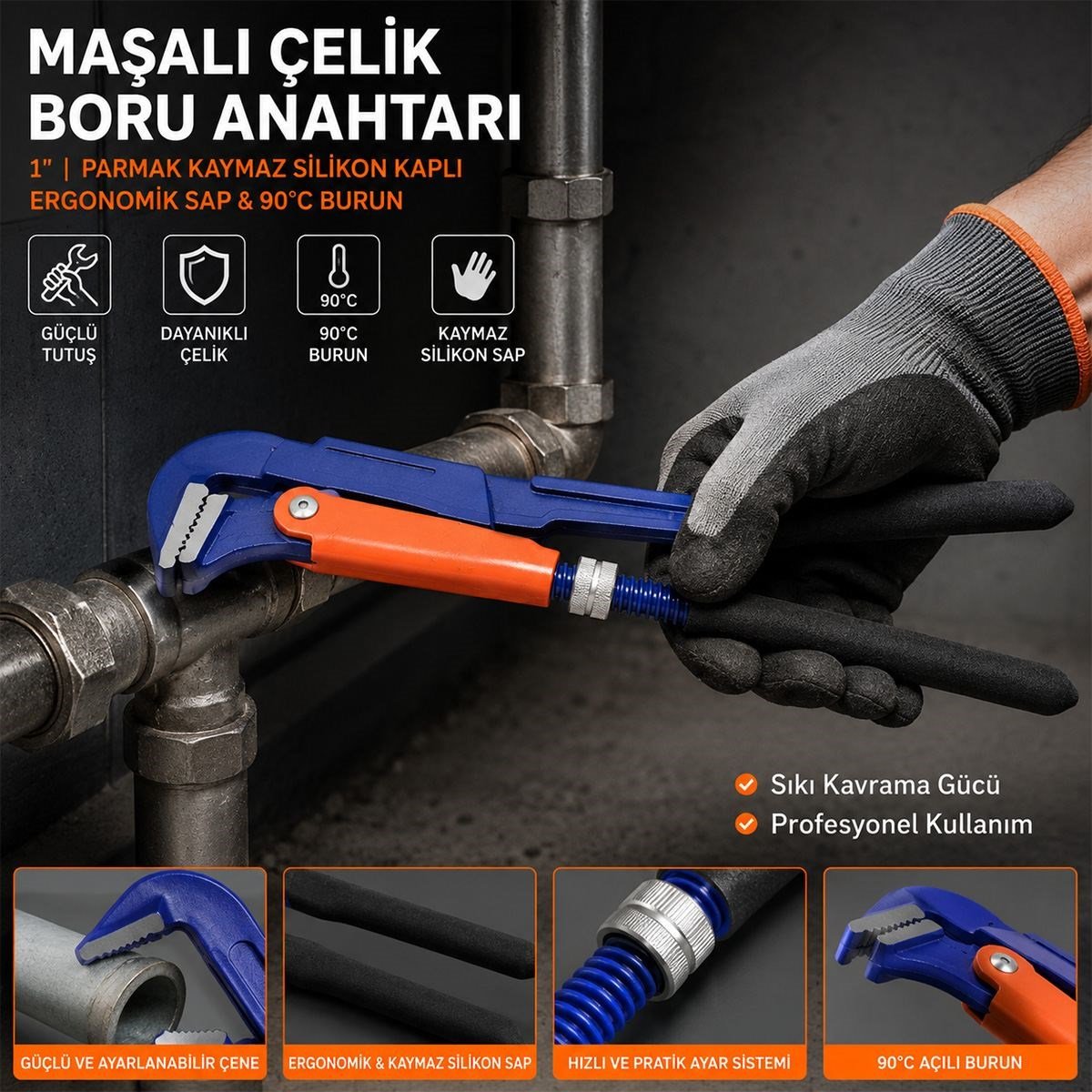 1 inç Çelik Boru Anahtarı (Silikon Saplı, 90° Maşalı)