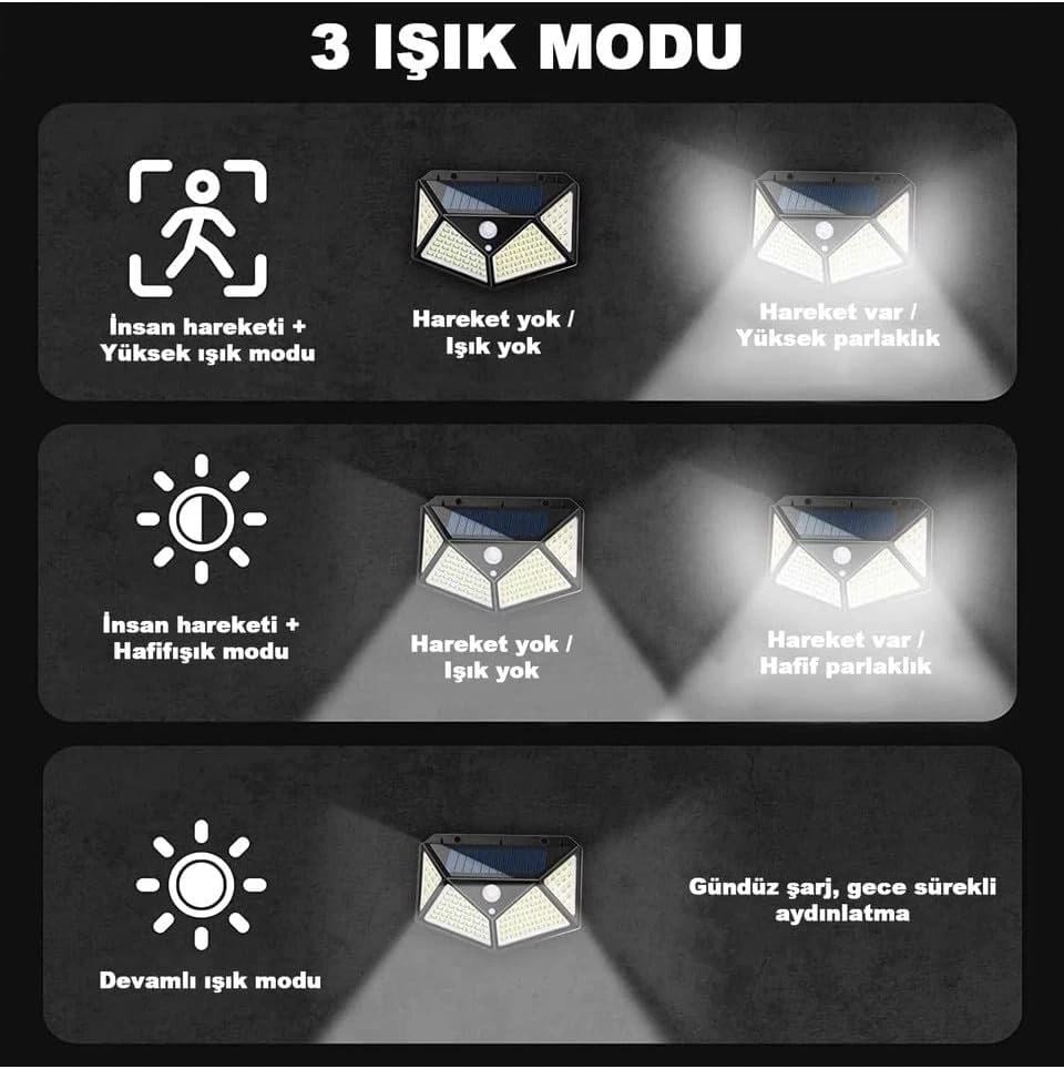 100 Led Dış Mekan Solar Aydınlatma Fotoselli Solar Lamba Hareket Sensörlü