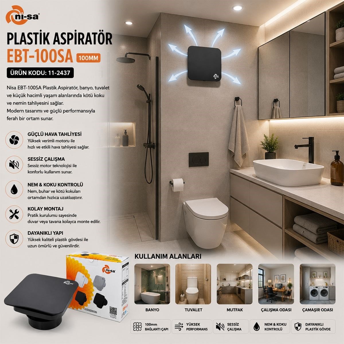 100 mm Plastik Banyo Tuvalet Aspiratör 12W Antrasit