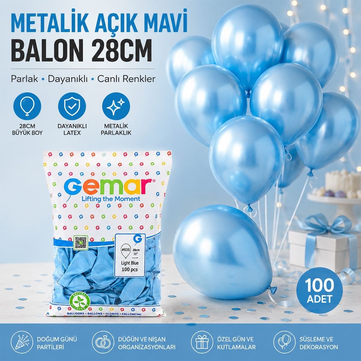 11'' (28 cm) Metalik Açık Mavi Lateks Balon - 100'lü