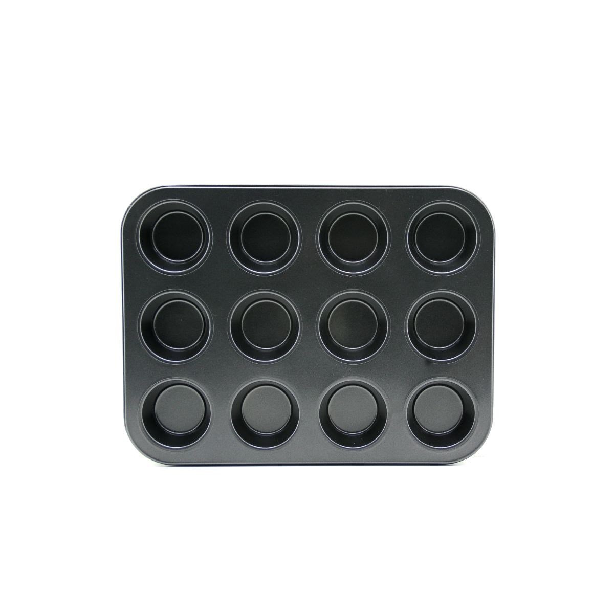 12 Gözlü Metal Muffin Kek Kalıbı - Siyah (Düz)