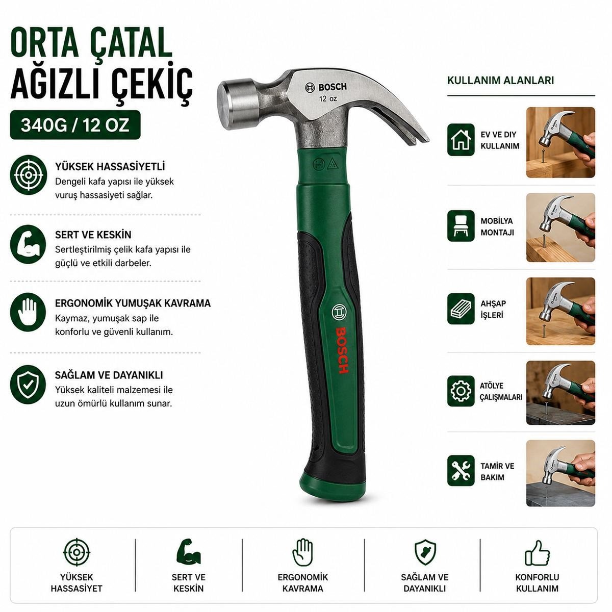 12 oz Orta Çatal Çekiç 24 cm - Ergonomik Yumuşak Sap