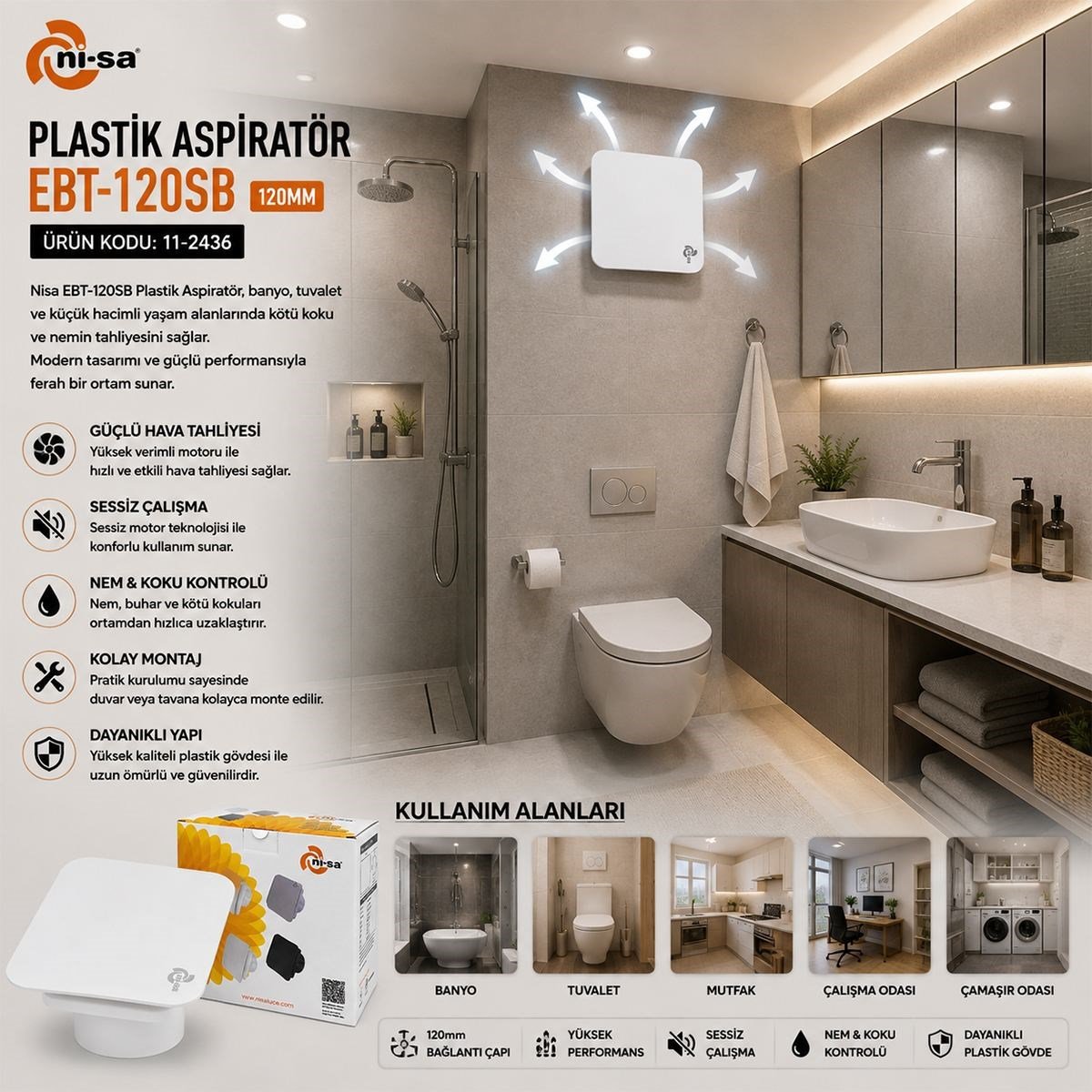 120 mm Plastik Banyo Tuvalet Aspiratörü 16W 80m³/h