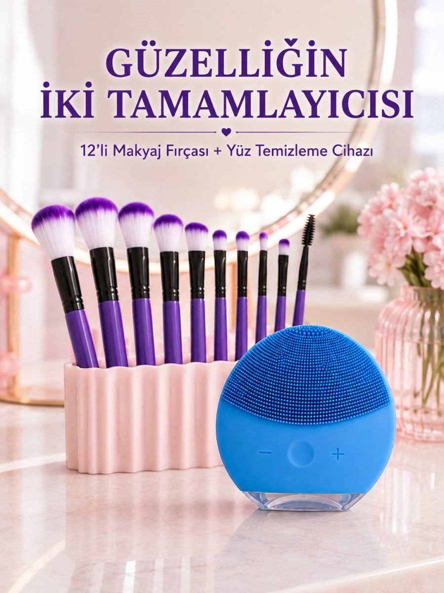 12’li Mor Makyaj Fırça Seti Ve Silikon Yüz Temizleme Cihazı İkili Makyaj Ve Cilt Bakım Seti