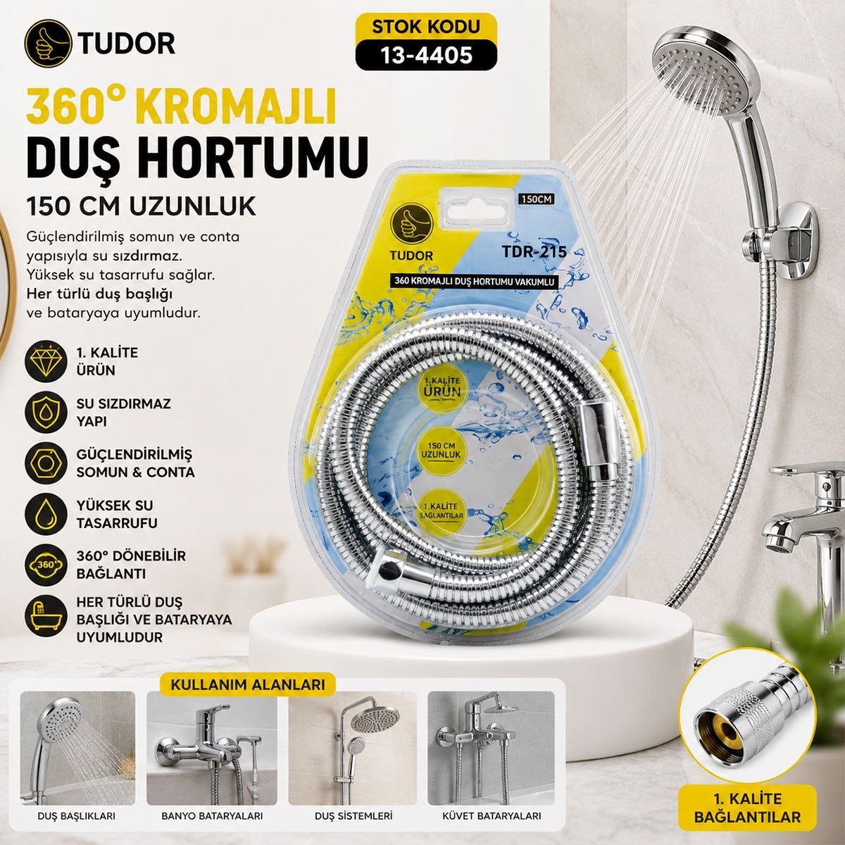 150 cm Metal Duş Hortumu 360° Döner