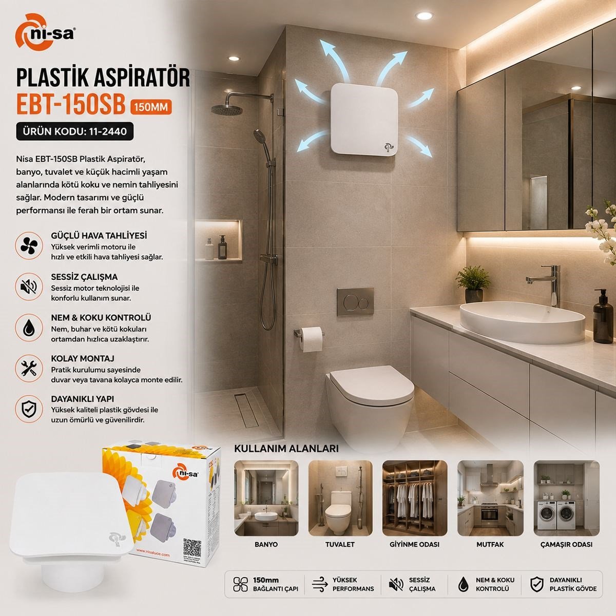 150 mm Plastik Banyo Havalandırma Aspiratörü 20W 320 m³/h